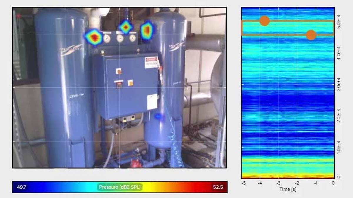 Example of acoustic imaging being used to find an air leak Example of acoustic imaging being used to find an air leak